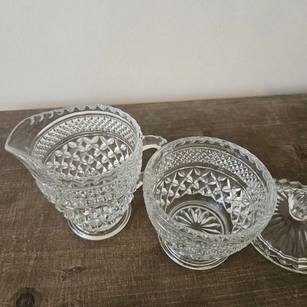 Vintage Clear Pressed Glass Creamer and Sugar Bowl Set Diamond Point Pattern